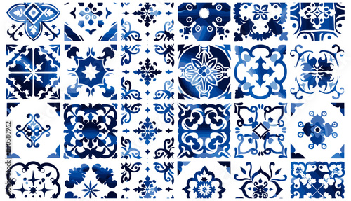 Hand drawn Vector illustration. Traditional mediterranean style. Decorative tile pattern design. Various square Tiles. Different blue ornaments. Ceramic tiles, Grunge texture, Mediterranean culture photo