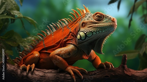 orange and green iguana with spiky crests surveys its surroundings from atop a tree branch blending with the foliage.