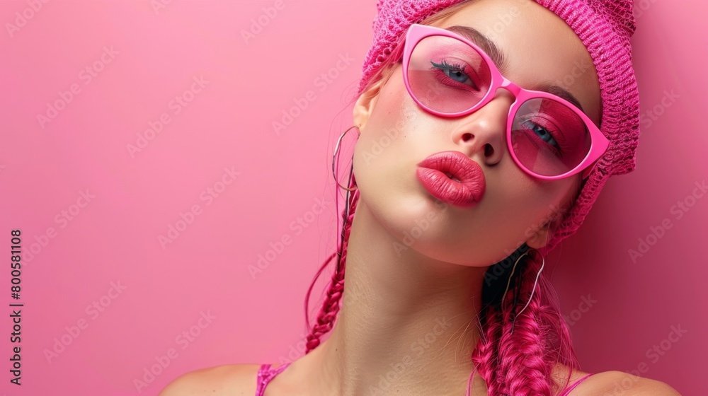 Fototapeta premium a woman with pink glasses and a pink hat