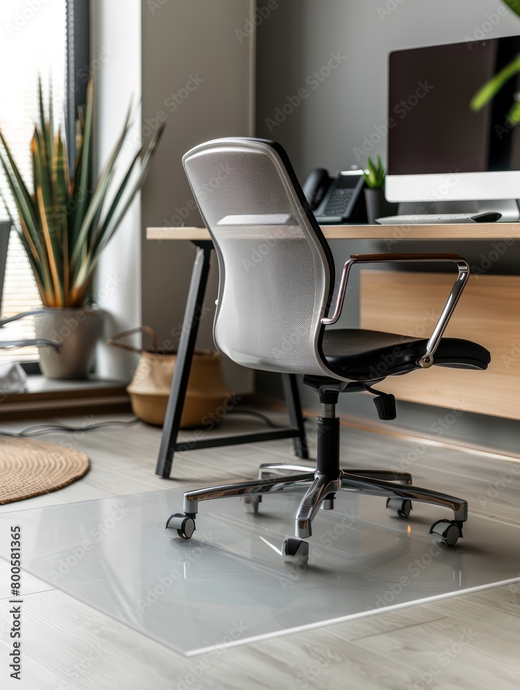 A contemporary home office setting with a stylish ergonomic chair in front of a neatly organized desk