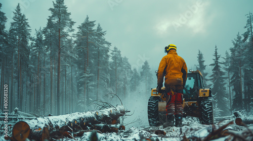 Winter Logging. A worker in protective gear operates machinery amidst snow-covered logs. photo
