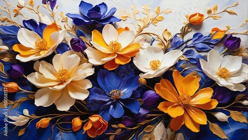 A Stunning Display of Nature’s Beauty: Vibrant and Colorful Bouquet of Flowers with Rich Blue, Orange, and White Petals Elegantly Arranged to Captivate and Mesmerize the Onlooker
