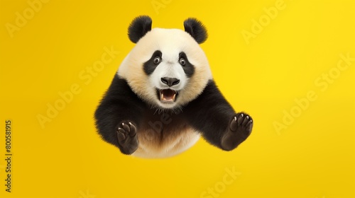Panda looking surprised, reacting amazed, impressed, standing over yellow background. © hamad