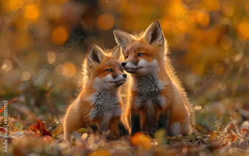 Dark greenish photography of two little foxes playing © khadija