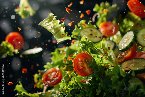 A salad with its ingredients, lettuce, tomatoes, cucumbers, tossed in the air, Flying Food shot, studio lighting 