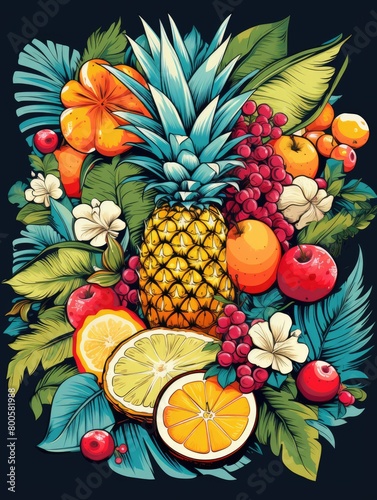 a painting collection of tropical fruits  such as pineapples  bananas  and coconuts  intertwined with lush leaves and vibrant colors