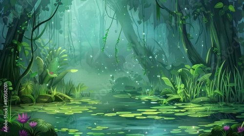 A serene digital representation of a tranquil forest  with delicate leaves cascading down towards a calm pond