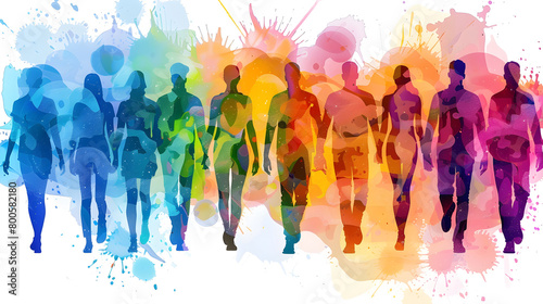 Colorful low-poly art silhouettes of moving diverse people