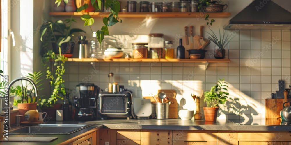 A kitchen corner bathed in sunlight, showcasing vibrant greenery and a welcoming, homely feel A kitchen corner bathed in sunlight, showcasing vibrant greenery and a welcoming, homely feel