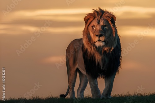 A Majestic Lion Captured in the Golden Hues of Sunset  The King of the Jungle Stands Tall and Proud Amidst the Wild Grasslands with a Powerful Gaze that Reflects Strength and Elegance.