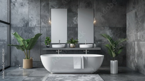 Interior deign modern of bathroom with white bathtub with towel. Generated AI image photo