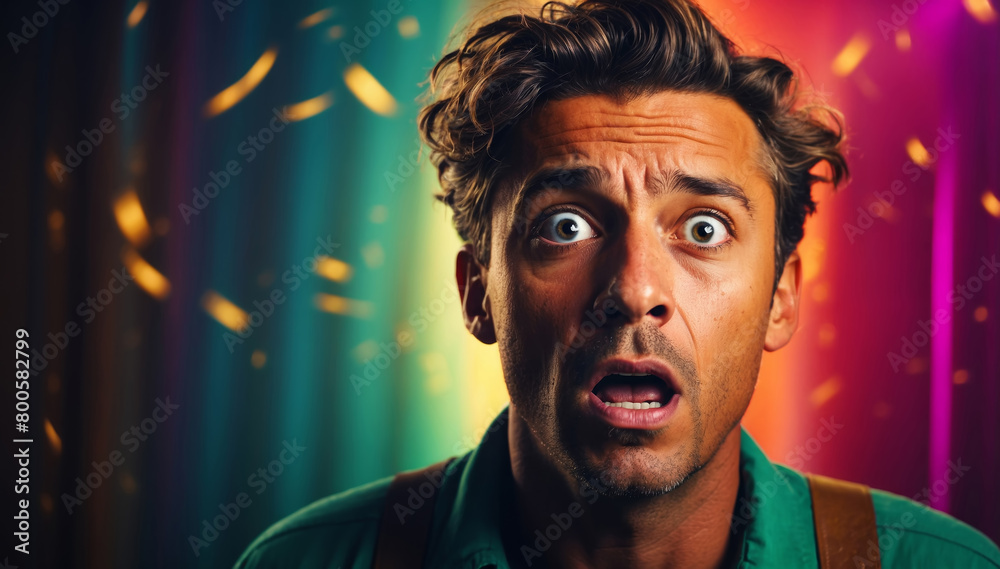 Surprised shocked young man on bright colorful background