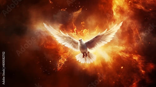Pentecost background with flying dove and fire. © hamad