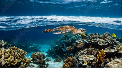 Sea Turtle Soaring Over Coral Reef © Greg Kelton