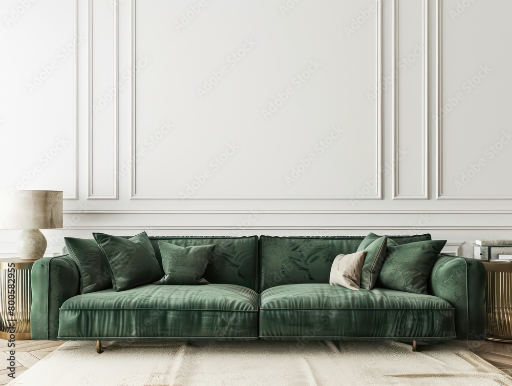 Fototapeta premium interior living room with a bohemian contrasting green couch in a light ambiance