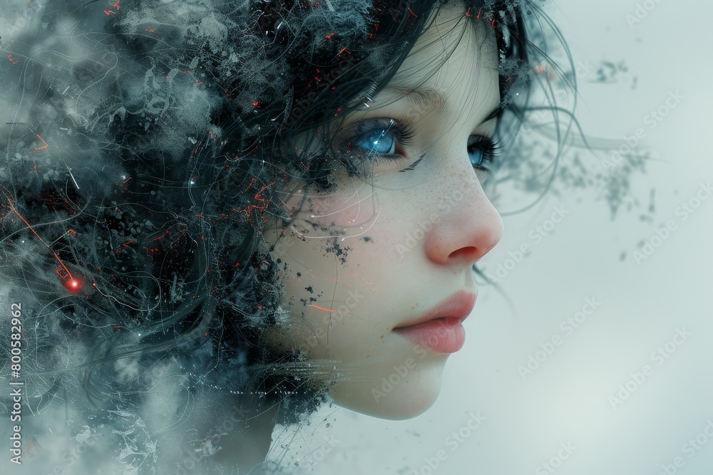 An evocative image of a young girl with bright blue eyes, her features dispersing into smoke and particles, creating a dreamlike effect An evocative image of a young girl with bright blue eyes, her features dispersing into smoke and particles, creating a dreamlike effect
