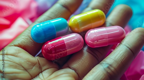 A hand is holding four different colored pills