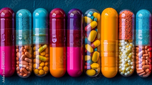 A row of colorful pills in glass containers