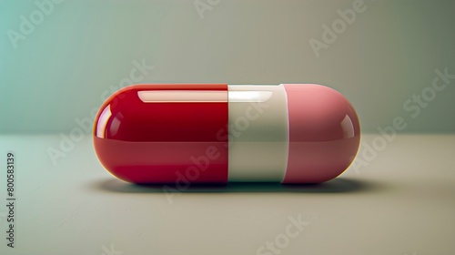 A pill is shown in a close up, with the red and white color scheme