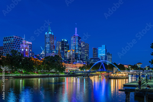 Melbourne skyline with a view of Flinders Street Station during Blue Hour  Australia.