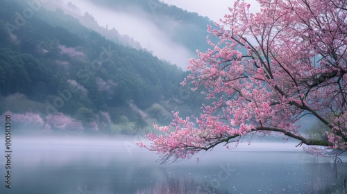 A single cherry blossom branch extends over a misty lake in a tranquil  ethereal setting