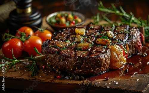 entrecote grilled steak with a professional arrangement, realistic and juicy 