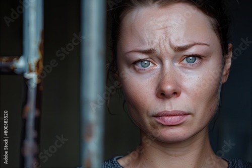 a female prisoner in a robe is serving time in a prison cell behind bars photo