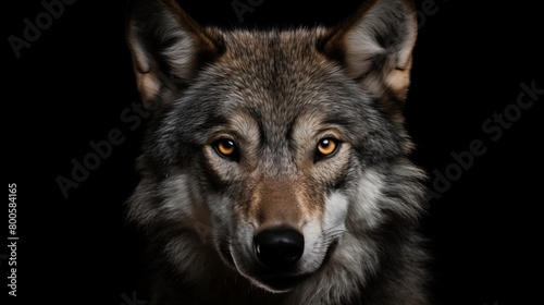 Portrait of adult wolf on black background.