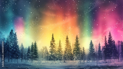 A winter wonderland scene with frosted trees silhouetted against the vibrant colors of the northern lights, a true spectacle of nature.