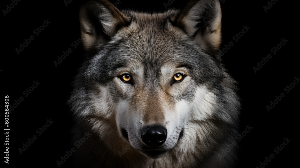 Portrait of adult wolf on black background.