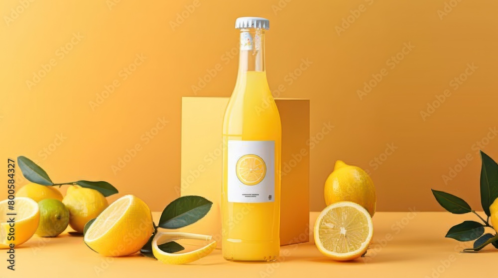 A bottle of orange juice is on a table with a few lemons and a lime A bottle of orange juice is on a table with a few lemons and a lime