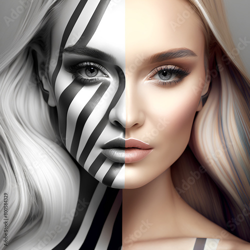 woman face with body art black and white make up stripes