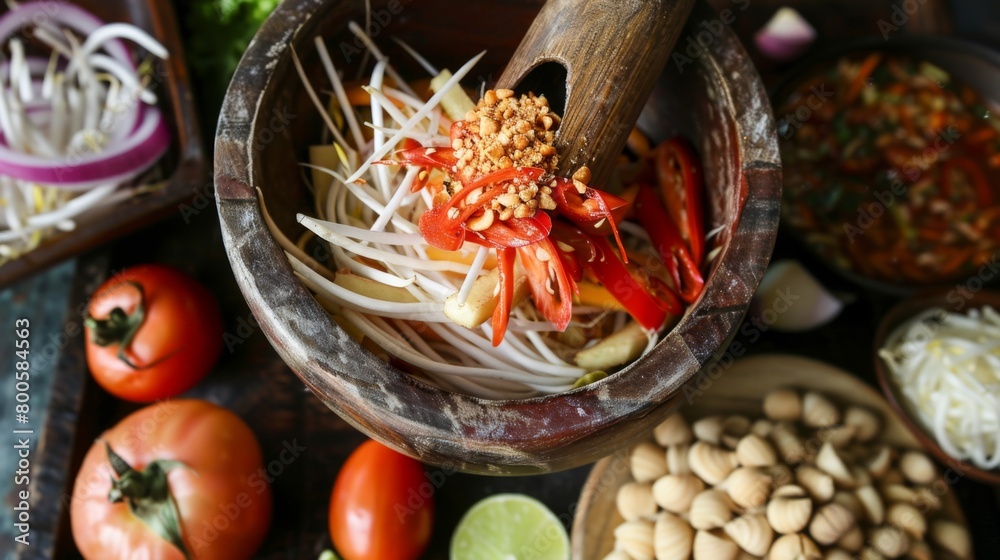 A wooden mortar and pestle filled with ingredients for som tam, ready to be transformed into a flavorful salad.