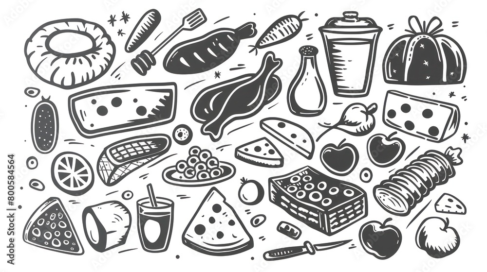 clipart of products from a food basic basket, black contour on a white background clipart of products from a food basic basket, black contour on a white background