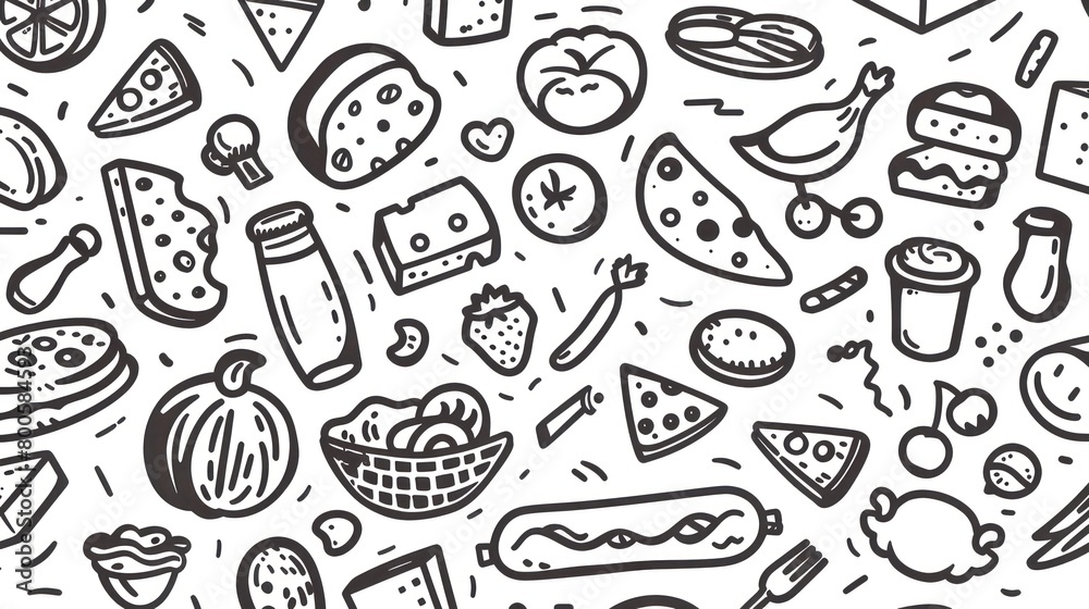clipart of products from a food basic basket, black contour on a white background