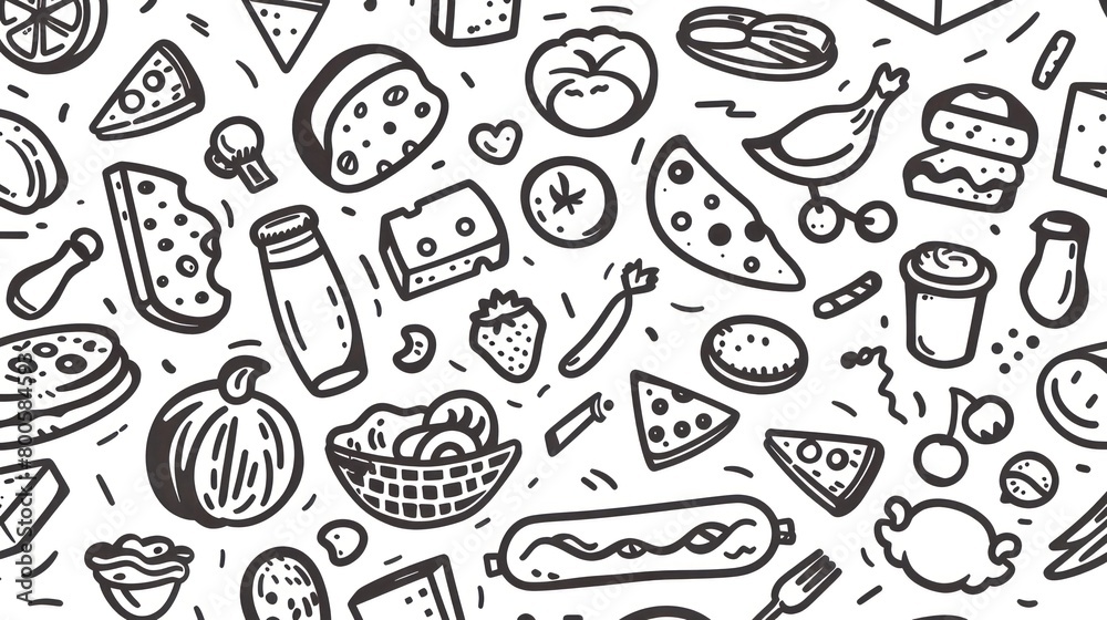 clipart of products from a food basic basket, black contour on a white background clipart of products from a food basic basket, black contour on a white background