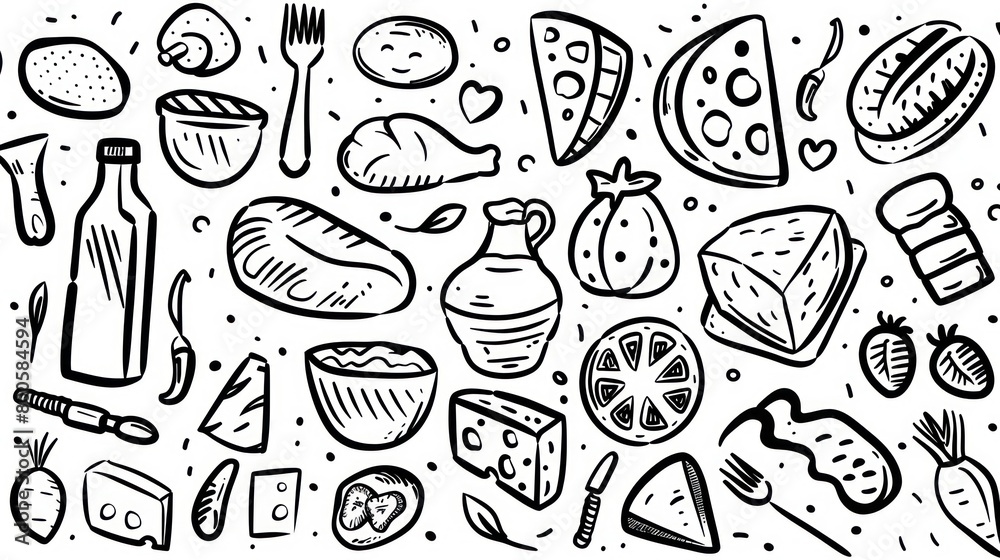 clipart of products from a food basic basket, black contour on a white background clipart of products from a food basic basket, black contour on a white background