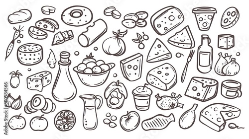 clipart of products from a food basic basket  black contour on a white background