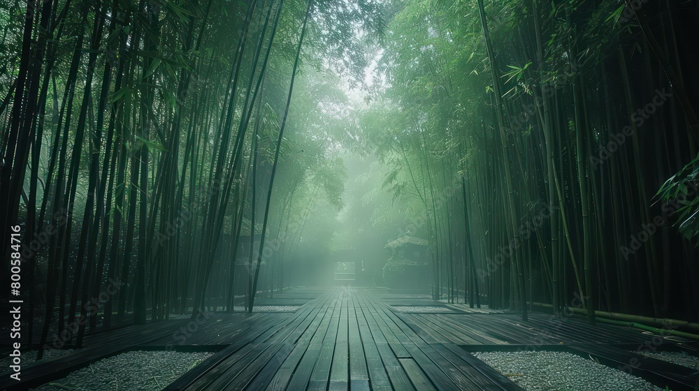 Fototapeta premium A captivating image of a serene pathway through a lush bamboo forest, with a mystical mist adding to the scene's tranquility