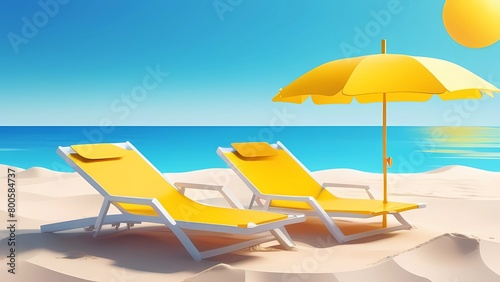 Yellow beach chairs under a yellow beach umbrella stand on the sand