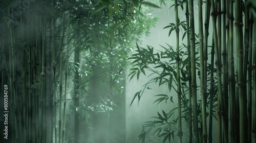 A lush and dense bamboo grove is softly illuminated by the filtered sunlight  casting a dreamy ambiance throughout the natural scene