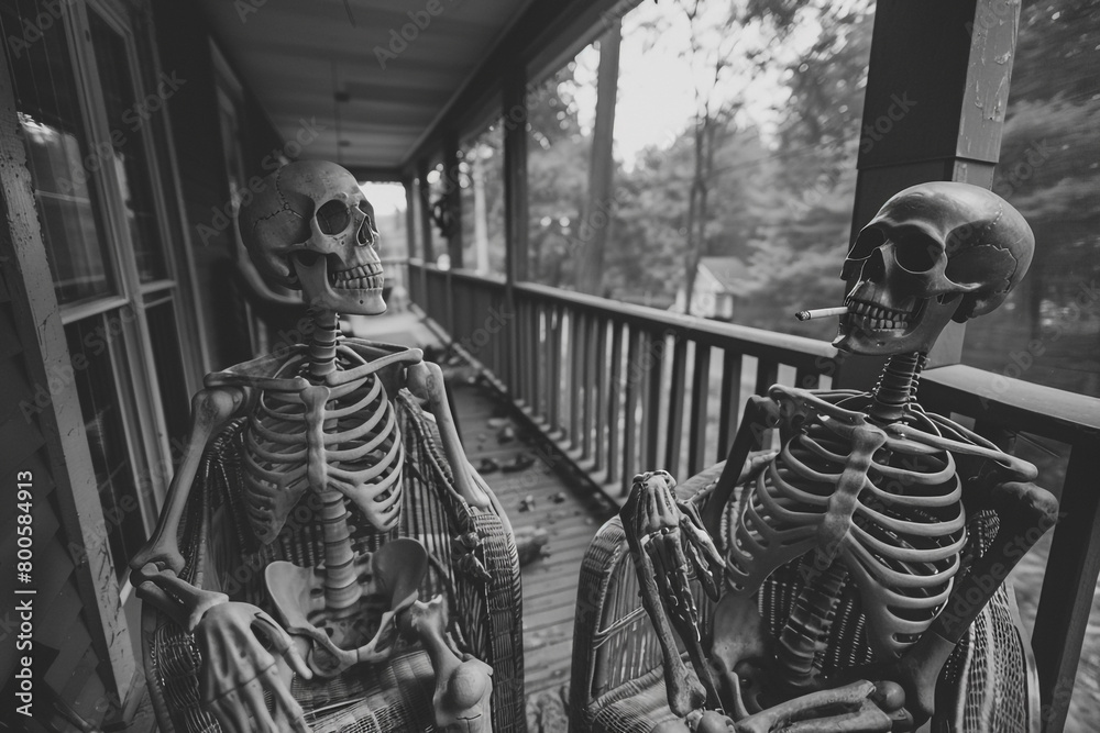 A skeleton and a ghost sharing a smoke on a dilapidated porch bonding over tales of the past  