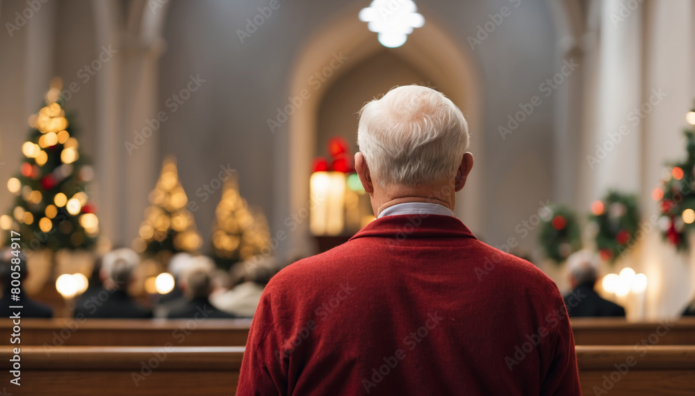 Fototapeta premium Senior man back view in church at the Christmas Service