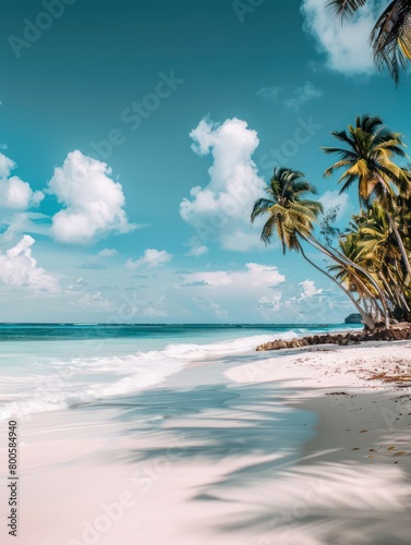 white sand beach with coconut trees and endless sea  amazing light and contrast