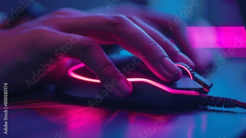 Closeup of hand on multicolored gamer mouse