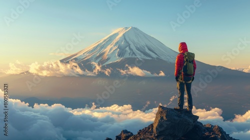 An adventurous climber conquering the summit of Mount Fuji, basking in the exhilarating sense of accomplishment and panoramic views. photo