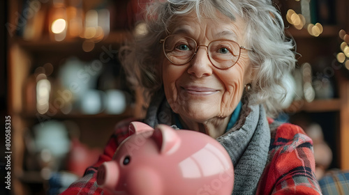 close up portrait of happy elderly woman with pink piggy bank, happy retirement, financial planning for silver gen, Generative Ai