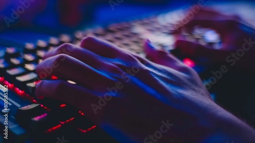 Close-up of a gamer hands on a backlit RGB keyboard