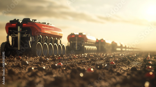 An intriguing image depicting a team of robotic seeders working together in a synchronized manner to sow a field, with each machine equipped with sensors and AI algorithms to optim photo
