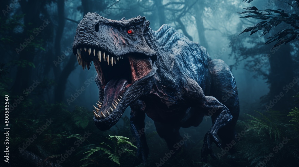 scary dinosaur standing in forest.